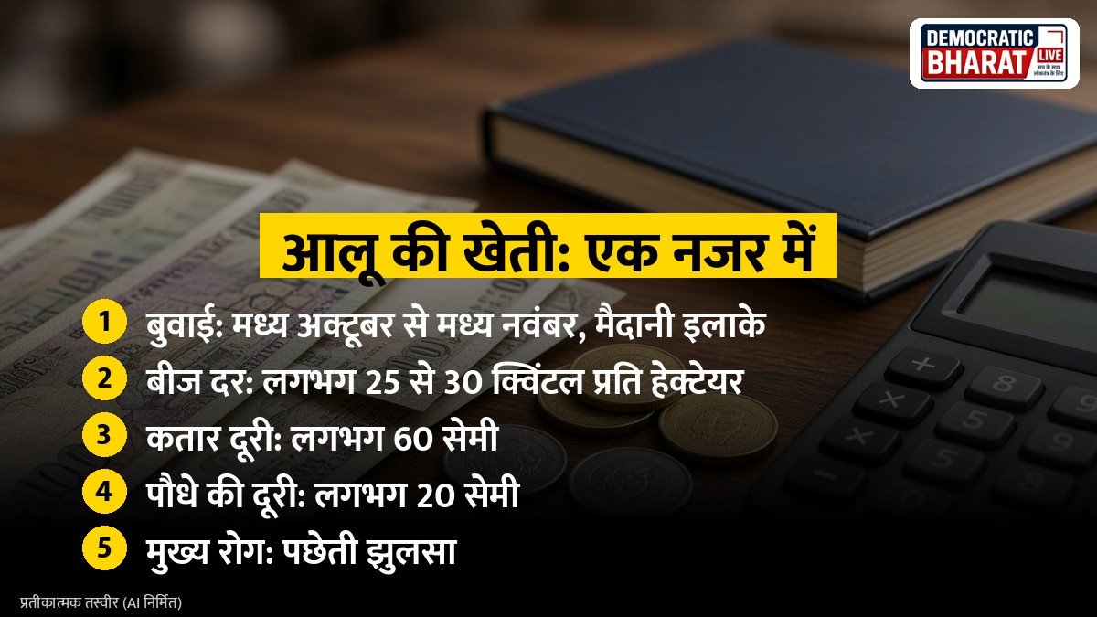 मुख्य बातें: खेत में मेड़ों पर उगती आलू की फसल का प्रतीकात्मक चित्र