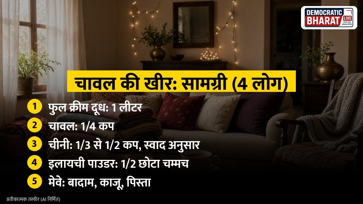 मुख्य बातें: कटोरी में मेवों से सजी चावल की खीर का प्रतीकात्मक चित्र
