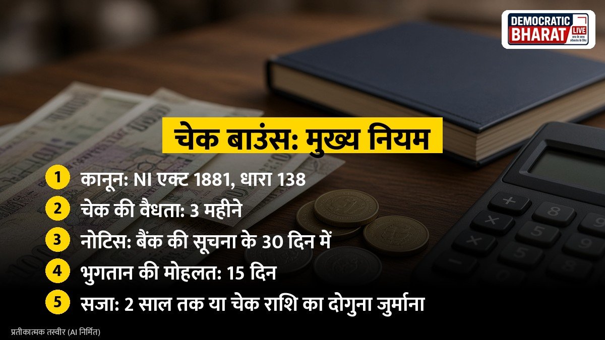 मुख्य बातें: बैंक चेक और कानूनी नोटिस का प्रतीकात्मक चित्र