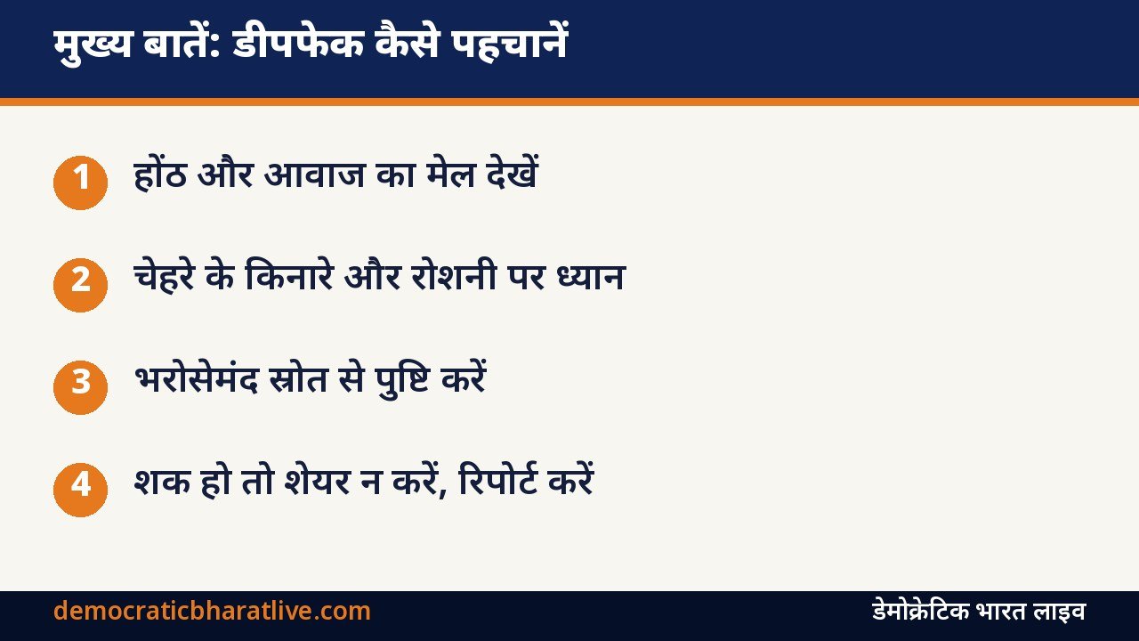 मुख्य बातें: डीपफेक वीडियो पहचानने के संकेत बताने वाला ग्राफिक