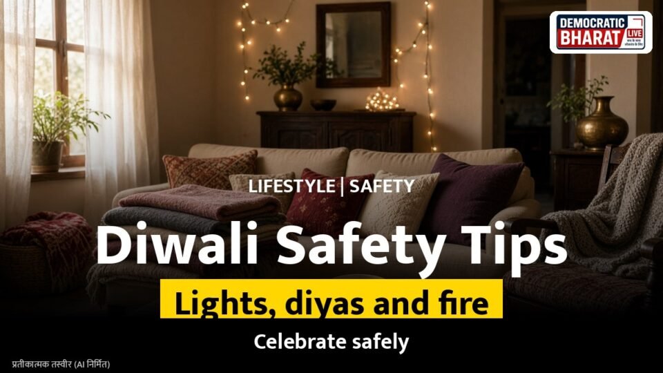 Representational image of diyas and festive lights at home