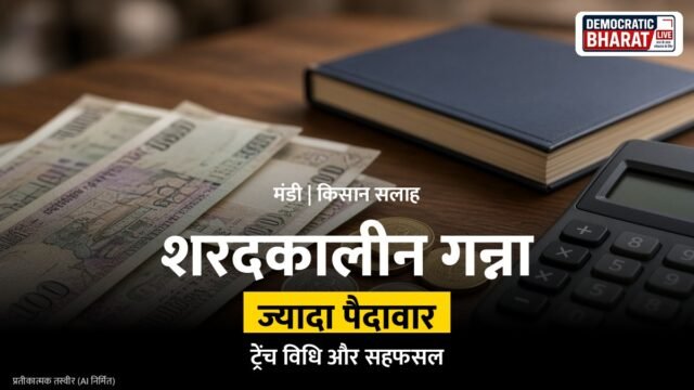 खेत में नालियों में गन्ने के टुकड़े बोते किसान का प्रतीकात्मक चित्र