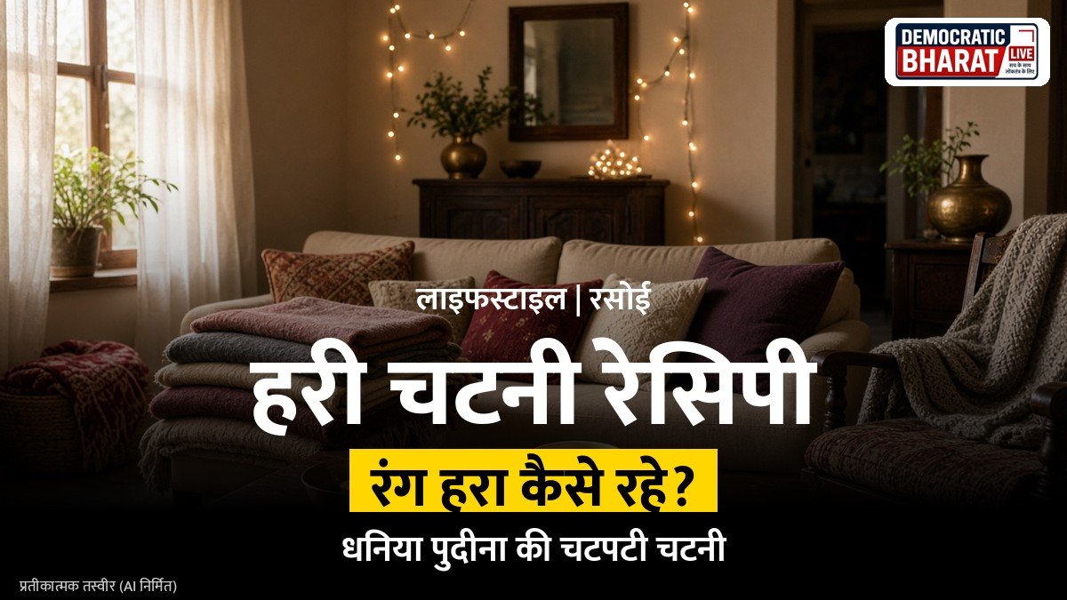 कटोरी में रखी हरी चटनी और ताजे धनिया पुदीना का प्रतीकात्मक चित्र