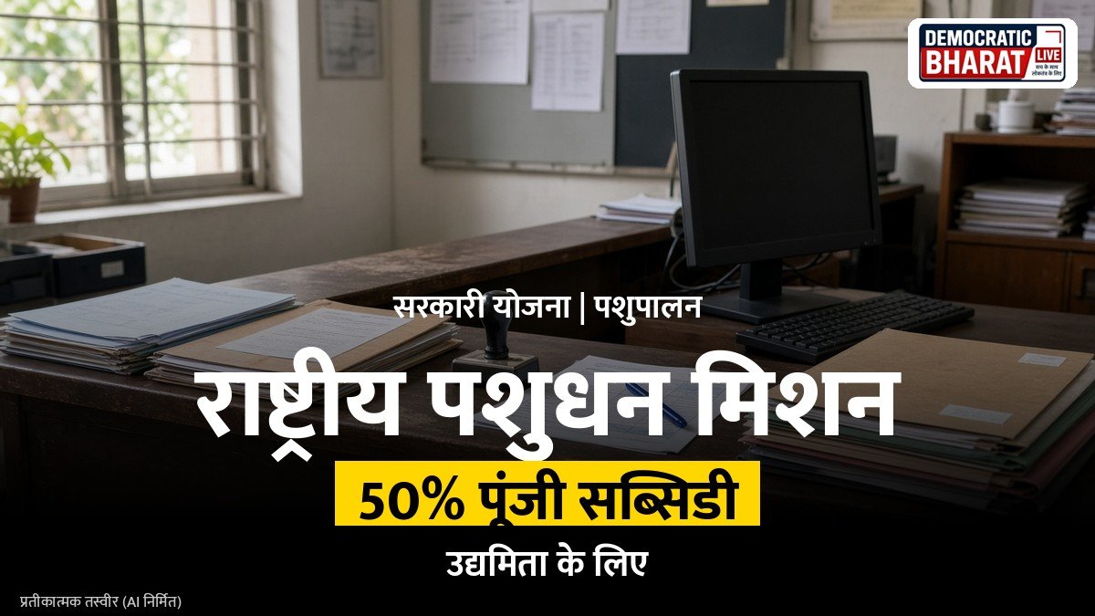खेत में बकरियों और मुर्गियों के साथ किसान का प्रतीकात्मक चित्र