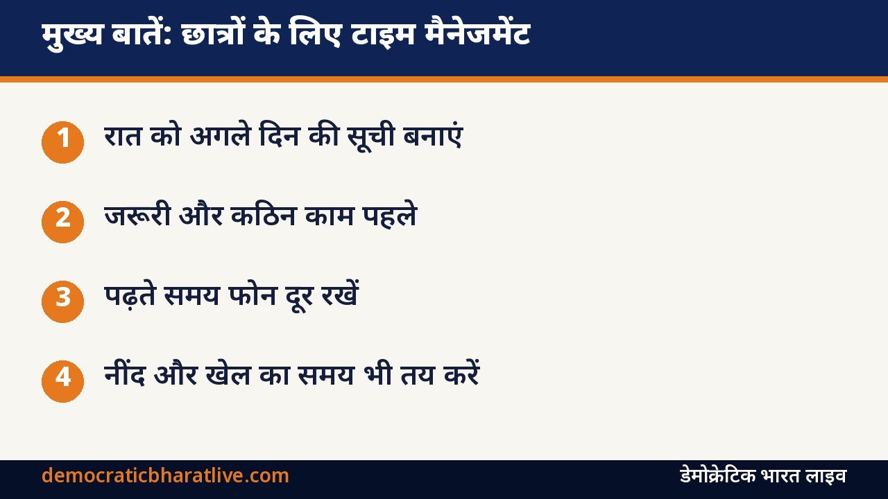 मुख्य बातें: छात्रों के लिए टाइम मैनेजमेंट के तरीके बताने वाला ग्राफिक