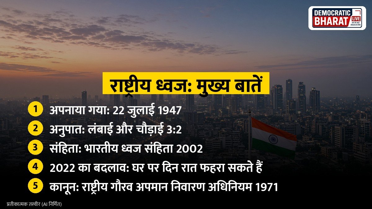 मुख्य बातें: नीले आसमान में लहराते तिरंगे का प्रतीकात्मक चित्र