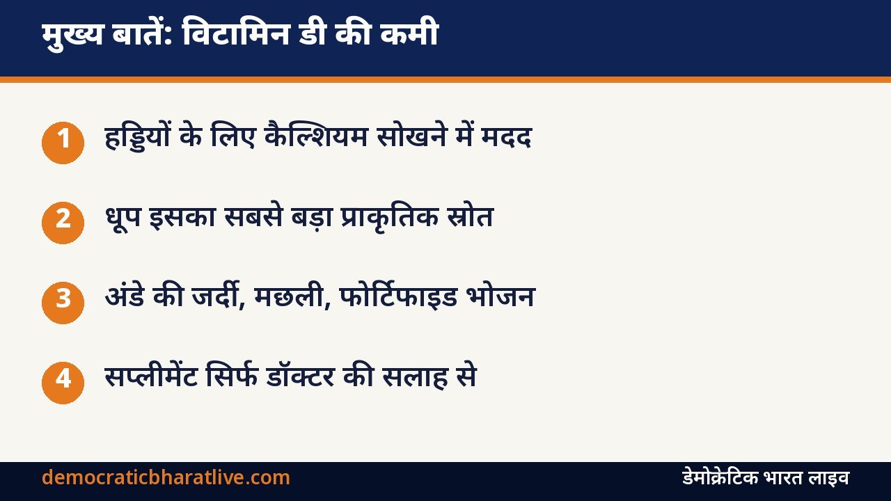मुख्य बातें: विटामिन डी की कमी के लक्षण और स्रोत बताने वाला ग्राफिक